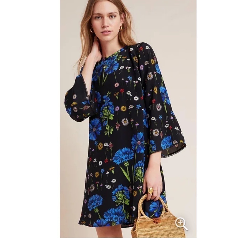 Anthropologie Maeve Lucinda‎ Silk Tunic Dress Floral Mini Dress bell sleeves